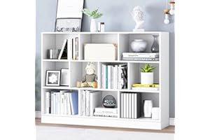 IOTXY Open Shelf Low Bookcase - Wooden 3-Tier Floor Standing Display Cabinet Organizer with Base, 10 Cubes Short Horizontal Bookshelf in Warm White