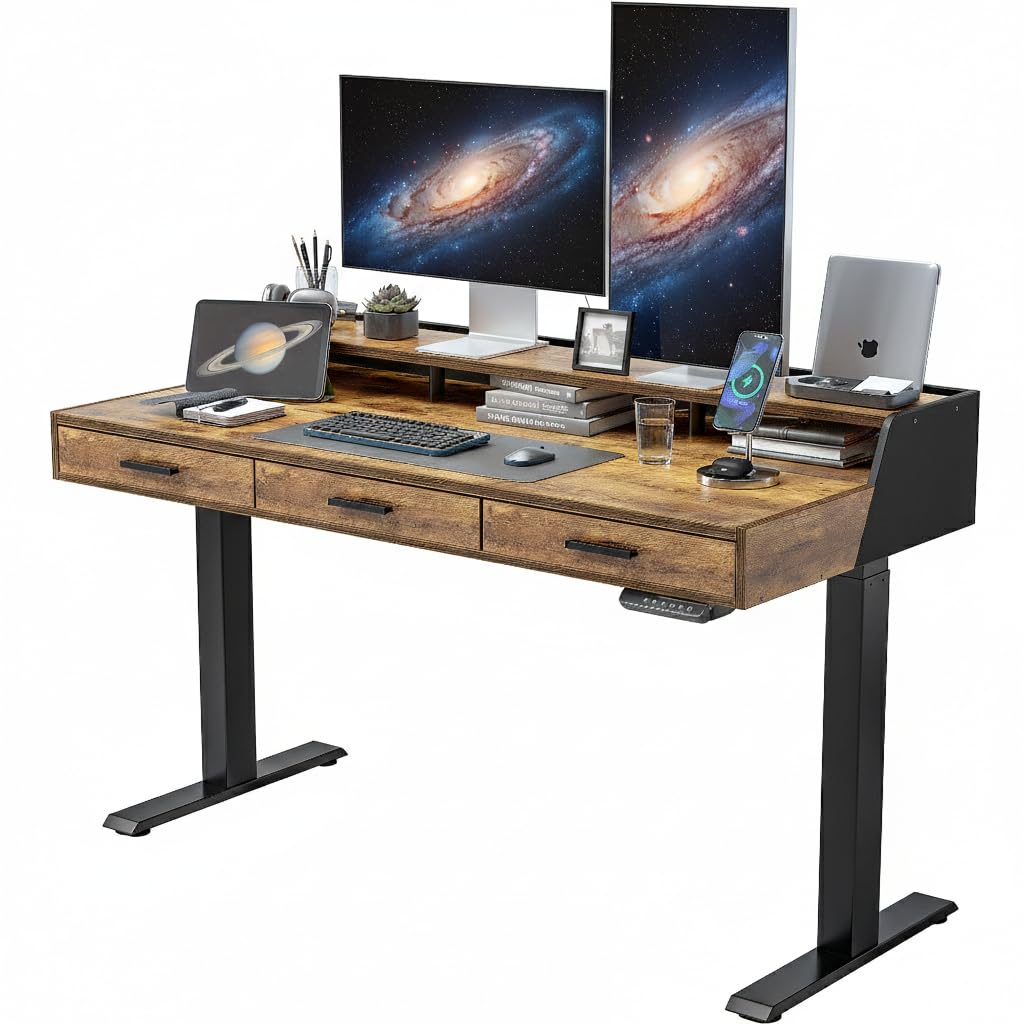 CubiCubi Standing Desk 55x26 Inches with 3 Wood Drawers and Monitor Shelf, Ergonomic Rising Home Office Desks, Height Adjustable Computer Desk, Sit Stand Up Electric Workstation Table, Rustic Brown Image