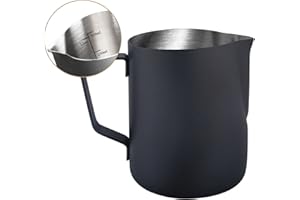 Milk Frothing Pitcher 12oz 350ml, Black Milk Jug 12 20oz, Stainless Steel Milk Frother with Measurements Pitcher Espresso Cap