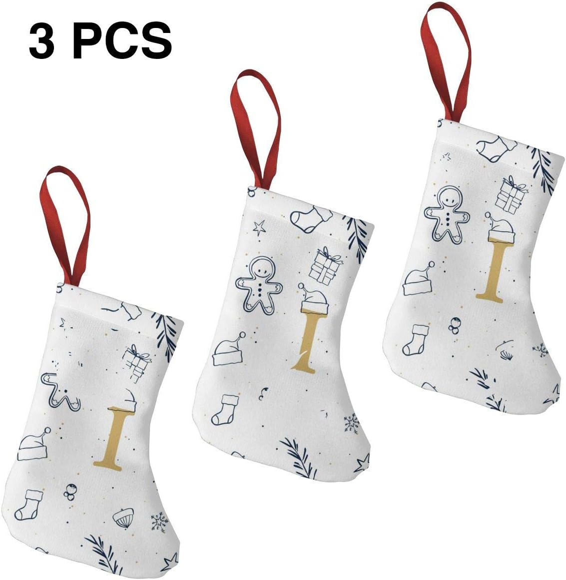 Decopik Mini Christmas Stockings Xmas Letter I Initial Monogram 7.5 Inch Gift Bag for Decorating, 3 Pack