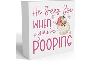 FXEFXE Funny Christmas Bathroom Decor, Pink Christmas Decoration, Funny Gift Decorations for Bathroom, Wooden Box Sign for Home Farmhouse Office Living Room Table Shelf Tiered Desk Decor