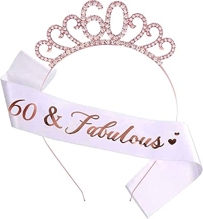 MIOSJI 60th Birthday Sash and Crown Crystal Tiara Rose Gold Set
