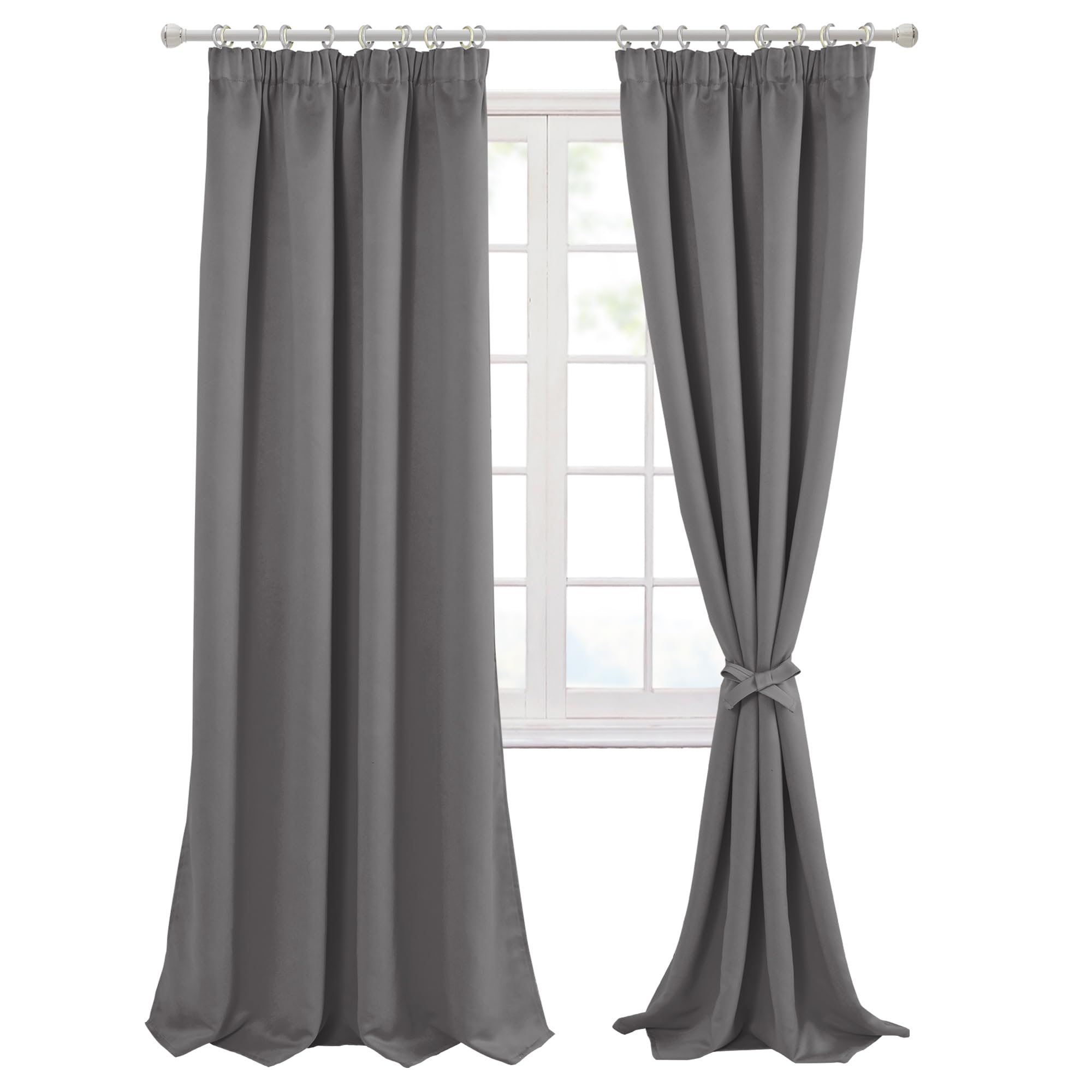Hiasan Pencil Pleat Blackout Thermal Insulated Curtains, Bedroom and Living Room with Tiebacks, Energy Saving and Noise Reducing, 2 Panels, 66 x 90 Inch, Grey