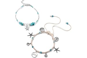 Softones Blue Starfish Turtle Anklet Multilayer Charm Beads Sea Handmade Boho Anklet Foot Jewelry for Women Girl