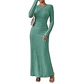 MITILLY Fall Dress for Women 2026 Long Sleeve Maxi Dress Formal Crew Neck Bodycon Ruched Cocktail Party Dresses