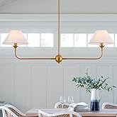 VANZARLA Modern Linear Chandeliers for Dining Room, Gold Island Light Fixtures with Off-White Fabric Shade, Rustic Linear Pen
