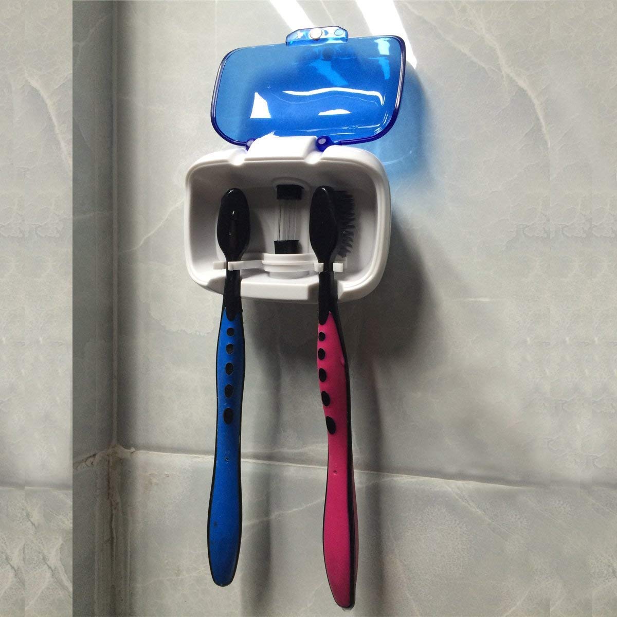 MIFAVOR UV Toothbrush Holder Wall Mounted, UV Light Portable Toothbrush Sterilizer Battery Operated with Suction Cup and Power Adhesive Support Screws Drilling