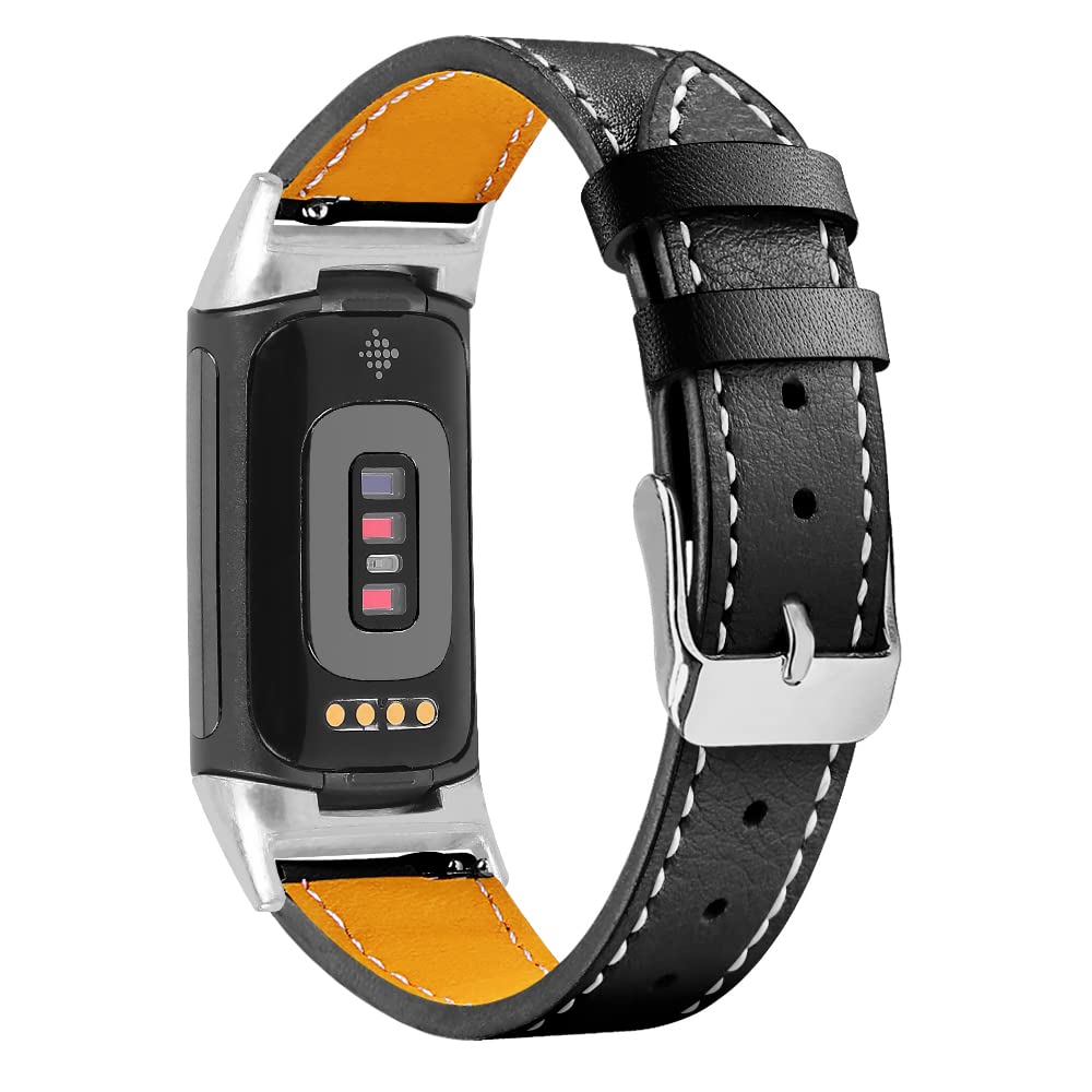 Gimuk Compatible with Fitbit Charge 5 Strap for Women Men, Genuine Leather Adjustable Sports Strap Replacement Wristband for Charge 5 Tracker Small Large (Black)