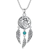 BETHZA Dream Catcher Necklace 925 Sterling Silver Genuine Turquoise Horse Tassel Feather Dreamcatcher Pendant Talisman Jewelry Gift for Women