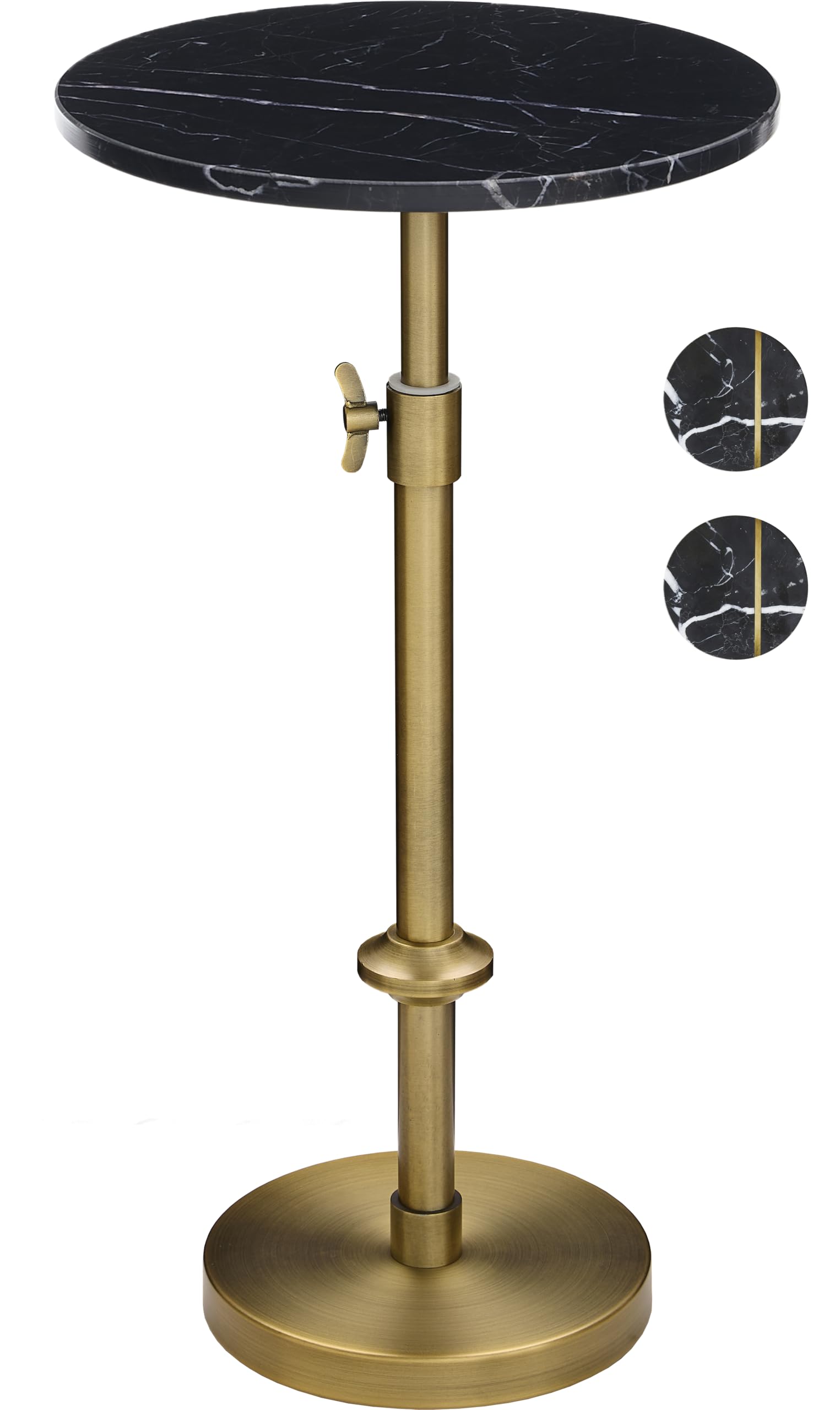 Photo 1 of Adjustable-Height Marble Drink Table - 12x12x22-30, Black Marble & Antique Brass, Modern Round End Table, Side Table with Pedestal Stand for Small Spaces, Vintage Metal Martini Cocktail Accent