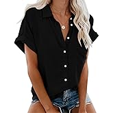 AKEFUN Womens 2024 Summer Casual Button Down Shirts Short Sleeve V Neck Solid Loose Top Blouses with Pockets