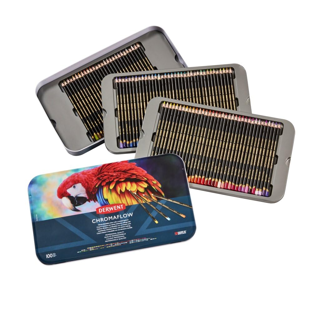 Derwent Chromaflow Pencils, Set of 100 in Tin, 3.5mm Round Core, Premium Core Strength, Blendable with Smooth Texture, Ideal for Drawing, Colouring & Layering, Professional Quality, 2306262