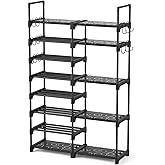 ROJASOP Shoe Rack Organizer, 8-Tier Metal Shoe Rack for Closet Entryway Garage, 26-32 Pairs Tall Shoe Boot Storage Shelf with 15 Hooks, Stackable Large Shoe Stand