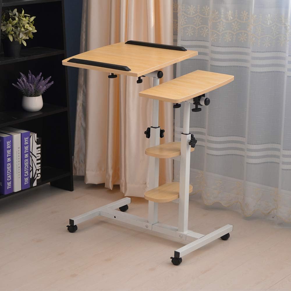 Huisenuk Adjustable Over Bed Laptop Table Desk with Wheels Sofa Coffee Side Mobile Table Hospital with Storage Shelve Narrow Corner Rolling Desk Sliding Under Bed Walnut Gloss (Walnut)