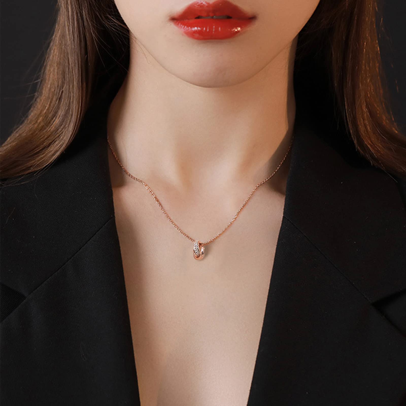 Pasurohu Women's Necklace, 18K Gold Coated, 925 Silver, Top Grade Cubic Zirconia Pendant, Double Ring, Rose Gold, Platinum, Adjuster, Hypoallergenic Metal, Genuine Jewelry, Gold Plated