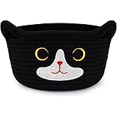 Hkojewp Cat Basket for Nursery, Small Storage Basket, Black Woven Rope Cotton Storage, Baby Blanket Bin with Cat Ears Handles, Animal Blanket Towel Halloween Decor Storage Bins, 8.2" x 4.7" IN