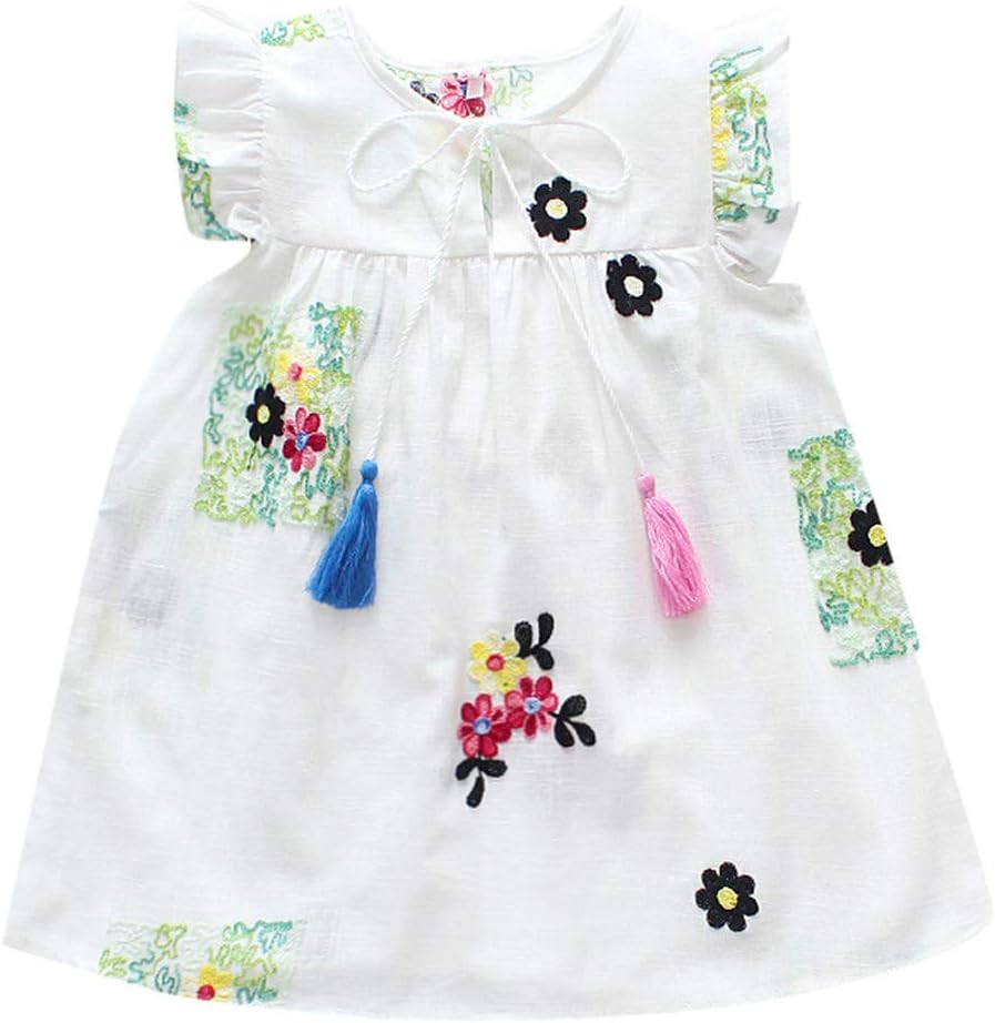 YWLINK Baby Girl Summer Clothes,Toddler Kids Ruffled Tassel Casual Dress Children's Sleeveless Frill Floral Embroidered Fringe Princess Dress Colorful Tutu Christening Gowns♛Baby Girls 0-24m♛