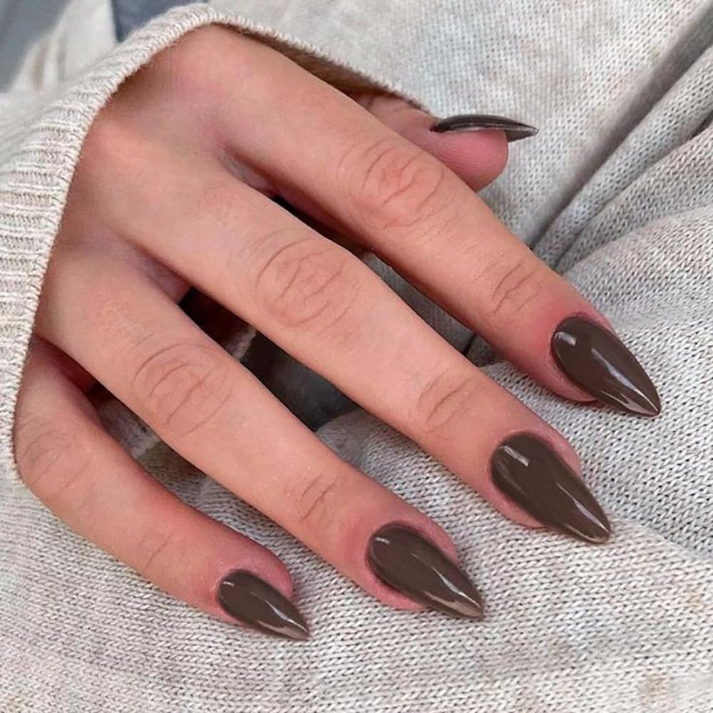 Chocolate Brown Press on Nails Almond Medium, Solid Color Glossy Fake Nails Press Ons Almond Shape, Stick on Nails for Women and Girls Daily Wear in 24PCS - Image 3