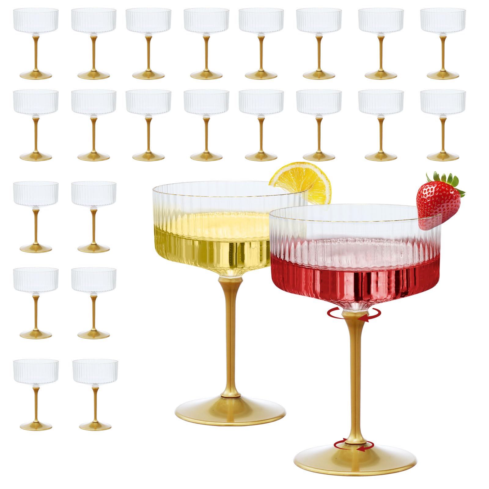 Photo 1 of CALBODE 24Pcs Plastic Martini Glasses with Detachable Gold Stem, 10oz Plasitc Ribbed Coupe Glasses Gold Rim Vintage Cocktail Glassware Set Toasting Glasses for Party Wedding Anniversary(Clear)