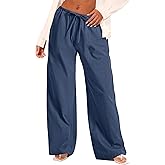 Aikewei Women's Breathable Cotton Linen Palazzo Pants Loose Wide Leg Functional Pockets Ideal for Summer Beach Yoga Sessions Dark Blue