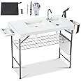 Dragosum 42'' Outdoor Fish Cleaning Table Portable Camping Sink Station with Double Sinks, Collapsible Swivel Faucet, Picnic Sink Table with 6pc Fish Cleaning Kit for Picnic Beach Patio (Grey)