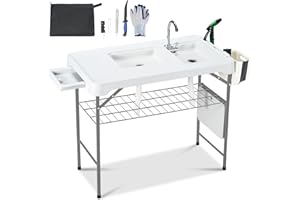 Dragosum 42'' Outdoor Fish Cleaning Table Portable Camping Sink Station with Double Sinks, Collapsible Swivel Faucet, Picnic Sink Table with 6pc Fish Cleaning Kit for Picnic Beach Patio (Grey)