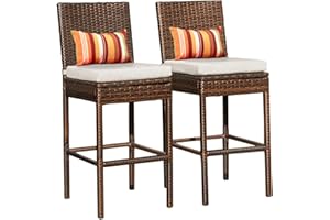 Sundale Outdoor Bar Stools 30 Inch Seat Height Set of 2, Patio Wicker Counter Stools with Back Rest, High Brown Rattan Chair with Pillow & Beige Cushion, All-Weather Armless Tall Pub Barstool
