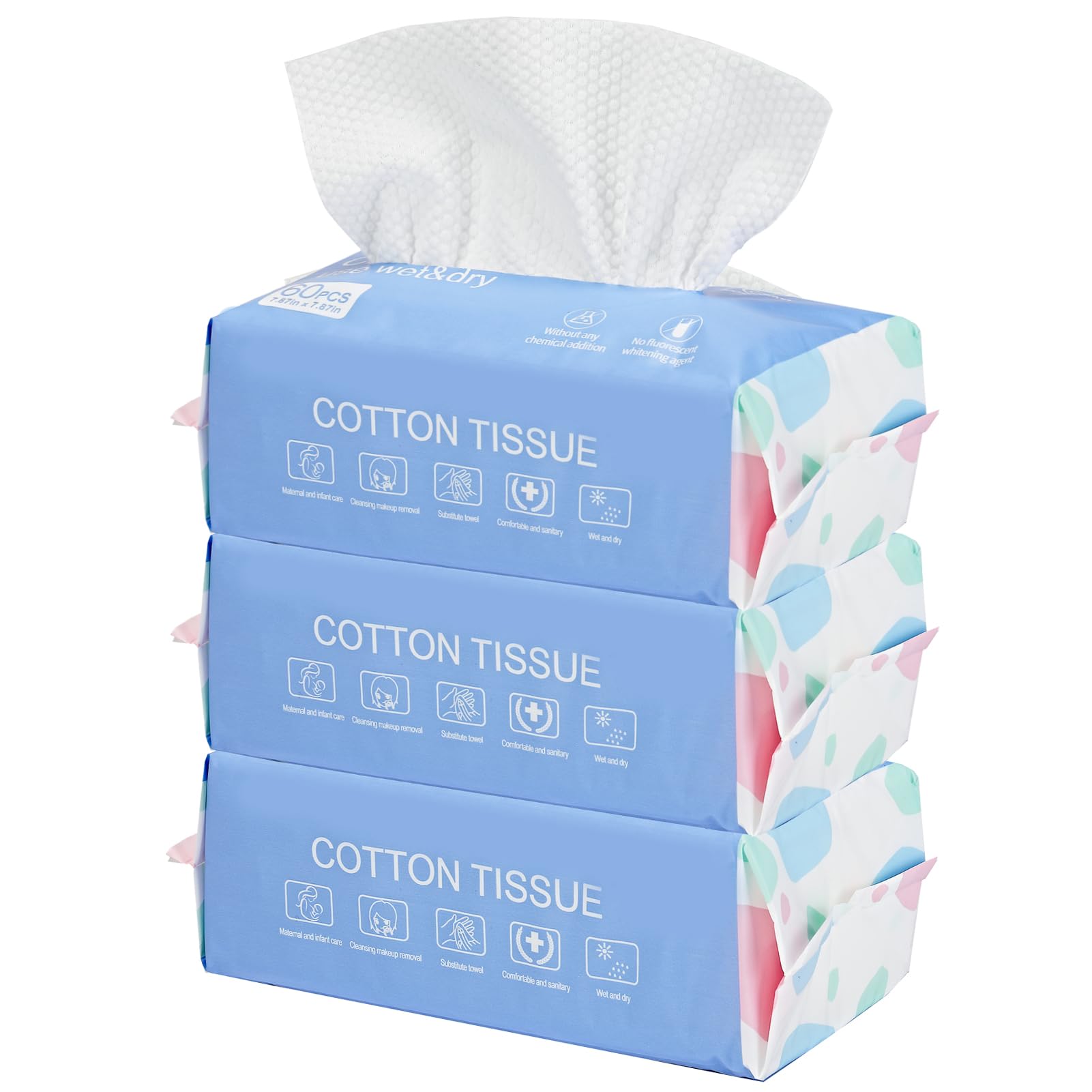 SFTTNOTU Face Towel Disposable Soft Dry Wipes Disposable Face Cloths for Washing Soft Cotton Dry Baby Skincare Portable Cleaning Wipes for Home and Travel, 3 Packs(20x20cm 180 Counts)