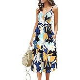 OUGES Women's Summer Spaghetti Strap V-Neck Floral Short Party Dress with Pockets