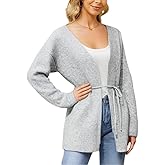 Womens Open Front Sweaters Long Sleeve V Neck Casual Knit Cardigan Trendy Chunky Outwear Coats with Tie Belt