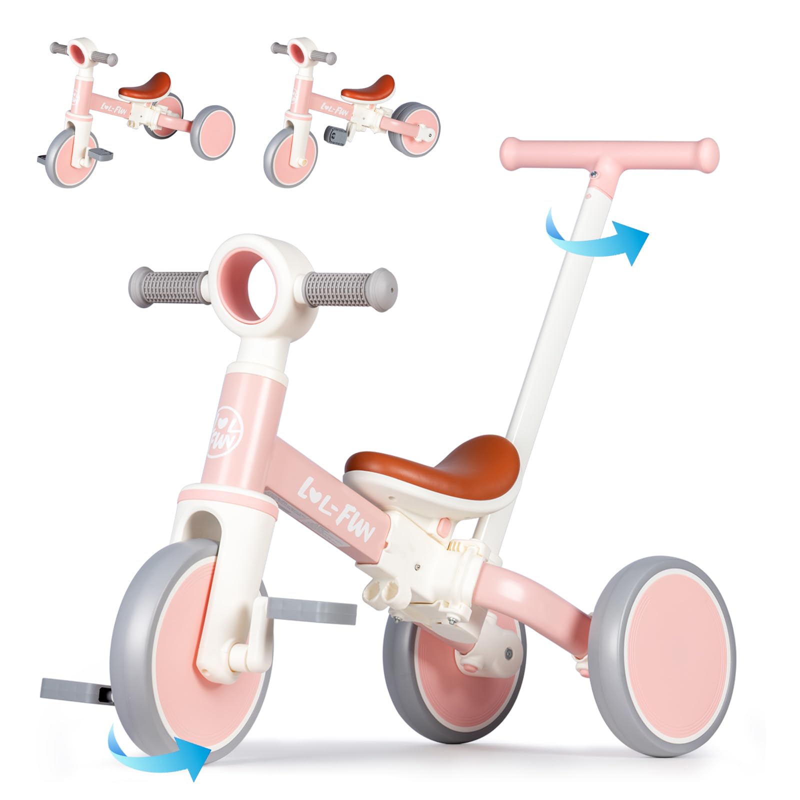 LOL-FUN Kids Tricycle with Removable Pedals, 5-in-1 Toddler Balance Bike with Parent Steering Push Handle, Baby Trike for Boys Girls Present Age 10 Month+