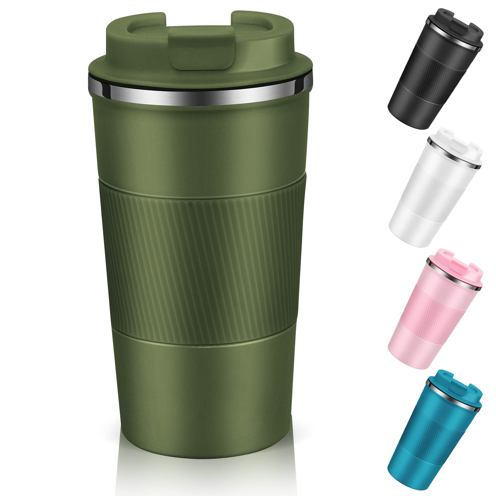 EALLEN Travel Mug with Leakproof Lid,Insulated Reusable Coffee for Hot&Cold Drinks/Tea,Portable Stainless Steel Thermal Takeaway Cup Car/Outdoor/Picnic/Office/School (510ml Green)