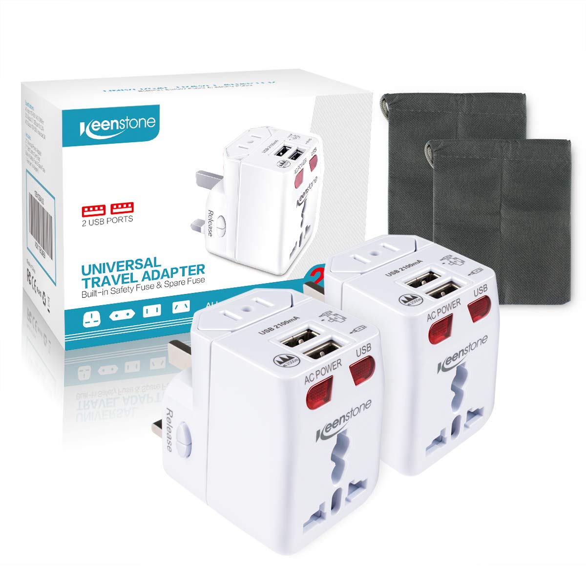 Keenstone 2Pcs International Power Adapter Plug with Dual USB Charging Ports Universal Travel Adapter for US Europe Ireland UK Australia Asia Worldwide Power Plug