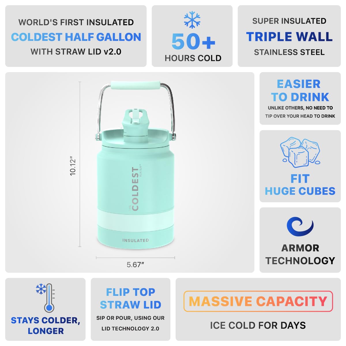 COLDEST Sports Water Bottle Half Gallon (Straw Lid), Leak Proof, Vacuum