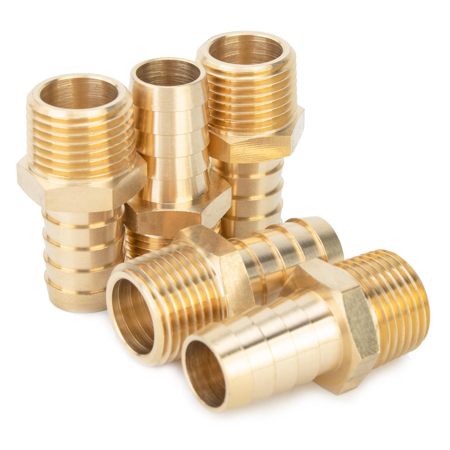 LTWFITTING Brass 1/2-Inch Male BSPT x 16mm Hose Barb Coupler Adapter Fitting for Vehicle Fuel System, HVAC System (Pack of 5)