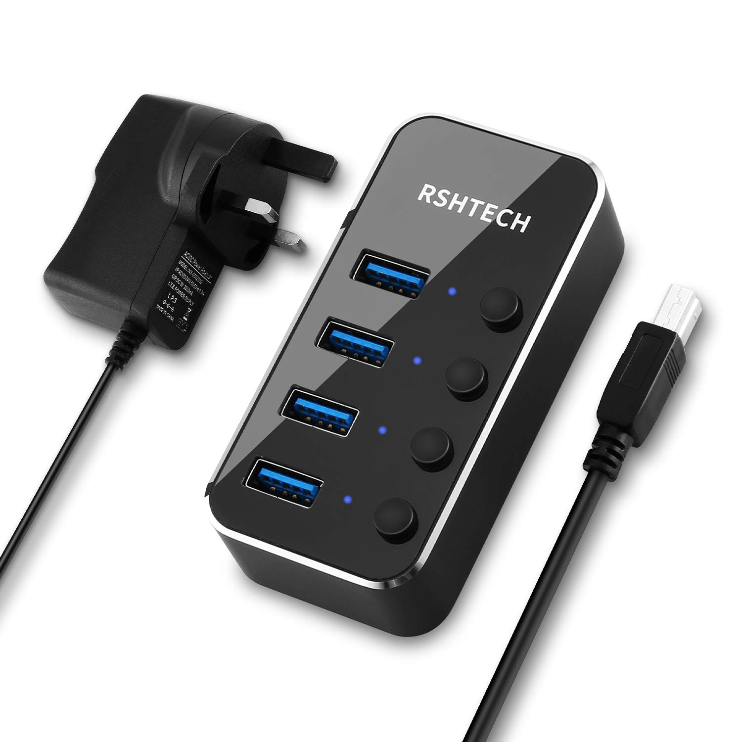 USB Hub 3.0 Powered RSHTECH 4 Port Splitter Portable Aluminum Data