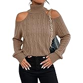Langwyqu Womens Cold Shoulder Turtleneck Sweaters 2025 Fall Long Sleeve Soft Cable Knit Pullovers Sexy Jumper Tops