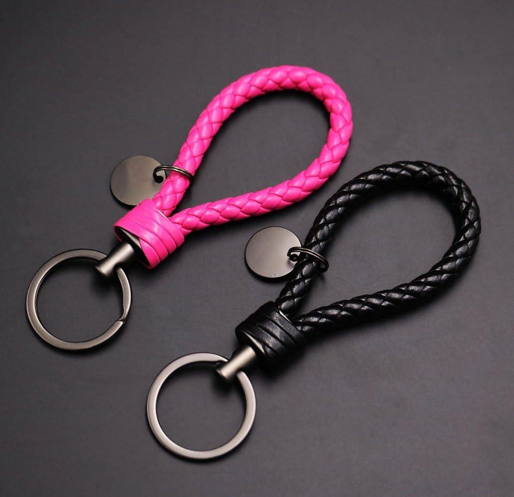 KESTAR 2 Pack Braided PU Leather Kaychain Car Key Chain Key Ring (Black and Rose Red) ss Gift for Men