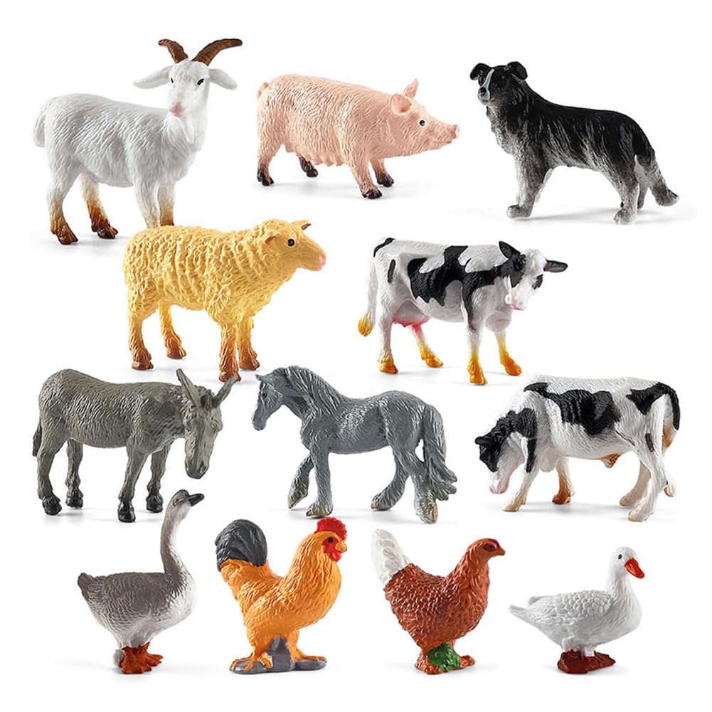PyrrlicToy Mini Animal Toy Realistic Farm Animal Models Educational Animals Figurines Pvc Hand-painted Mini Animals Includes Pig, Dog, Goat, Sheep, Cow, Donkey, Horse, Goose, Chicken, and Duck 12 Pcs