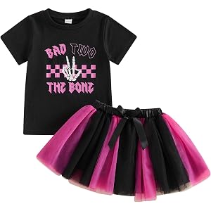 Bagilaanoe Toddler Baby Girl 2nd Birthday Outfit Bad Two The Bone Short Sleeve T-Shirt Purple Black Mesh Tulle Skirt Set