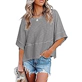 Sovelen Women's Summer Casual Crewneck Batwing Half Sleeve T-Shirts Solid Color Loose Fit Cute Basic Flowy Tops Tees Blouses