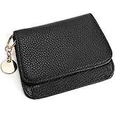 Mudono Small Wallet for Women RFID Blocking Genuine Leather Card Case Slim Tri-Fold Wallet with Zipper Pocket and Keychain