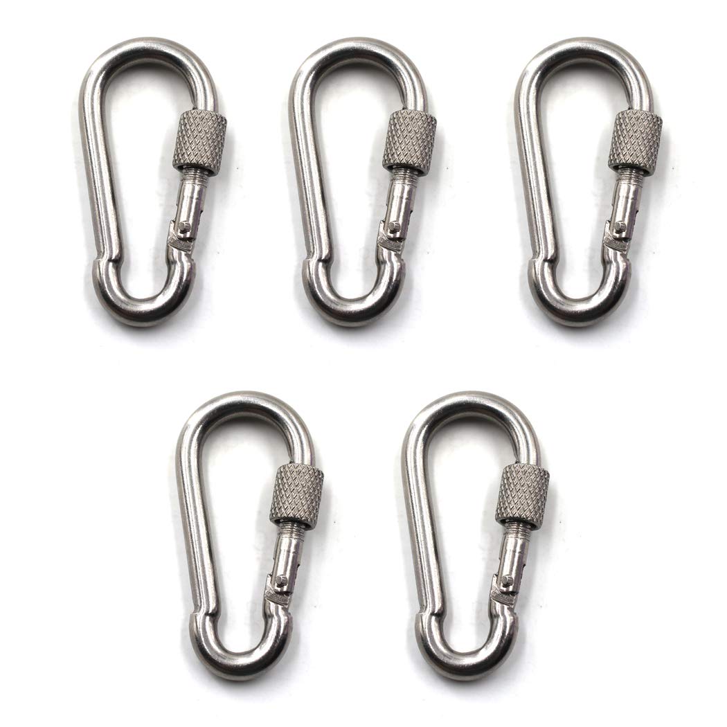 M8 Locking Carabiner Climbing Keychain 304 Stainless Steel Spring Snap Hook Clip Hook Pack Of 5