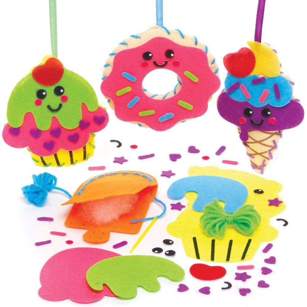 Baker Ross FE462 Sweet Sewing Decoration Craft Kits - Pack of 4, Sewing Set for Children, Creative Activities for Kids, Ideal Arts and Crafts Project