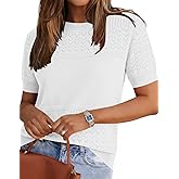 Tisfeer Short Sleeve Sweater for Women 2026 Spring Summer Crew Neck Eyelet Knit Shirts Loose Fit Lady Casual Blouse Tunics