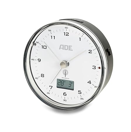 ADE Funkwecker CK 1713. Geräuschloser Wecker ohne Ticken mit analoger Zeitanzeige, Thermometer, Datum und Snooze-Funktion. 8,