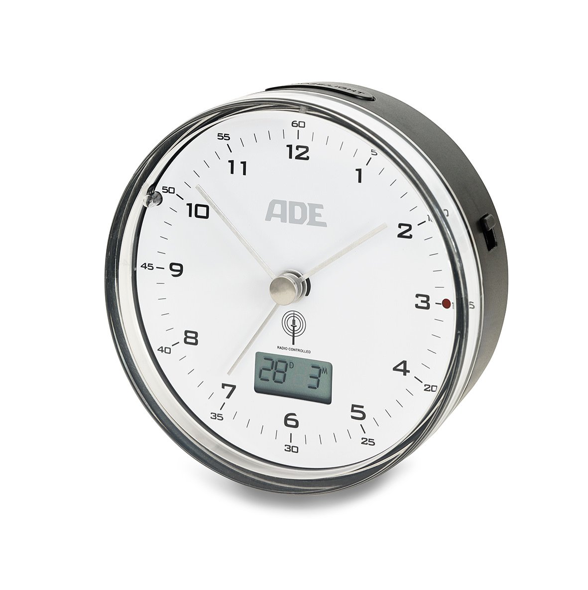 ADE CK1713 Radio Controlled Analogue Alarm Clock Plastic Clock and Thermometer – Black/White, 3.4 x 8.2 x 8.2 cm
