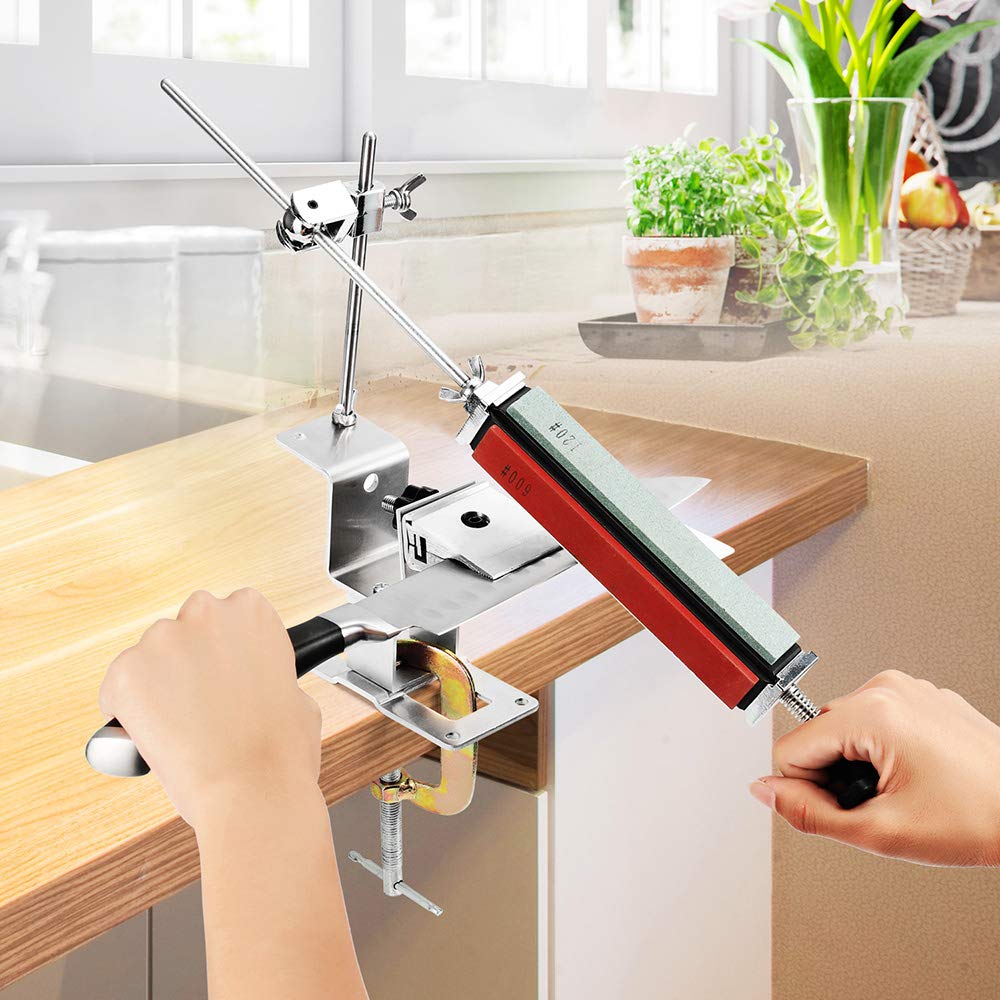Warmfunn Knife Sharpener Professional Fixed-Angle Sharpener with 4 Sharpening Stones, Kitchen Knife Sharpener, Stainless-Steel, Safe and Easy to Use