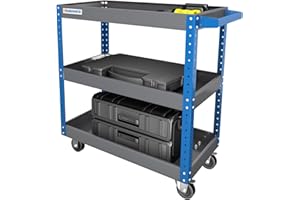 LARBANKE Tool Cart,3 Height-Adjustable Tiers Rolling Tool Cart,500LBS Load Capacity,3 Shelves Steel Utility Cart for Garage,Tool Cart with 4 Universal Wheels,Blue