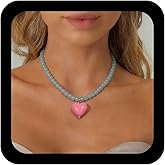 Xduargs Boho Pink Heart Pendant Necklace Pink Puffy Heart Choker Necklace Vintage Blue Crystal Beads Necklace Adjustable Glass Beaded Strand Necklace Jewelry for Women